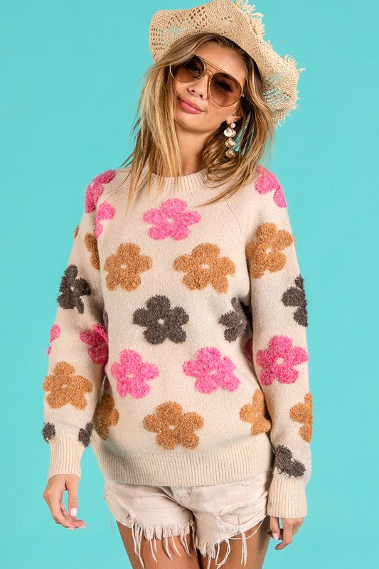 MULTI COLOR FLOWER EMBROIDERY KNIT PULLOVER