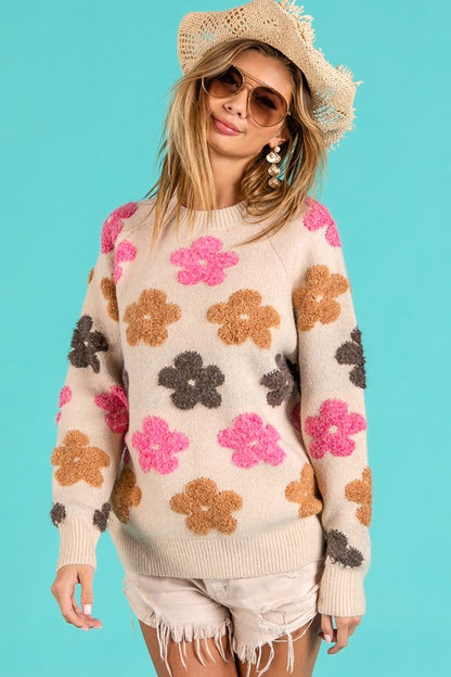 MULTI COLOR FLOWER EMBROIDERY KNIT PULLOVER