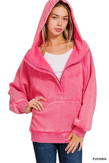 Amy ACID WASH FLEECE OVERSIZED 1/4 ZIP KANGAROO HOODIE FUCHSIA