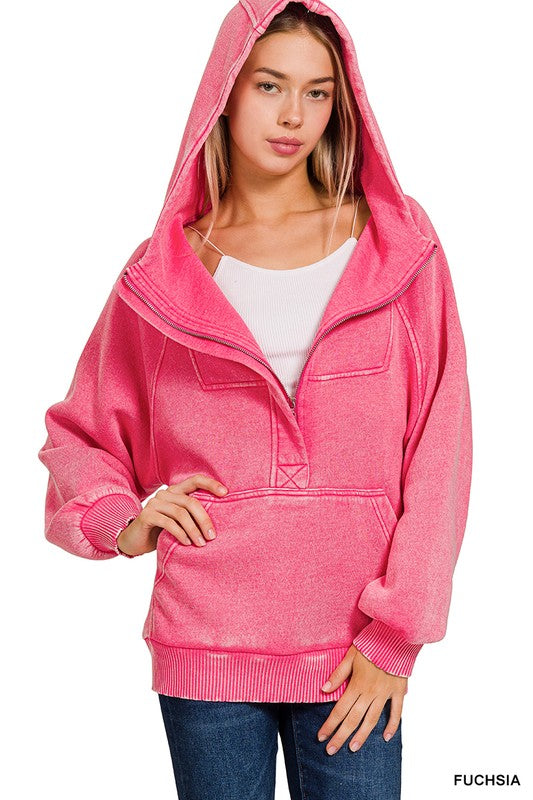 Amy ACID WASH FLEECE OVERSIZED 1/4 ZIP KANGAROO HOODIE FUCHSIA
