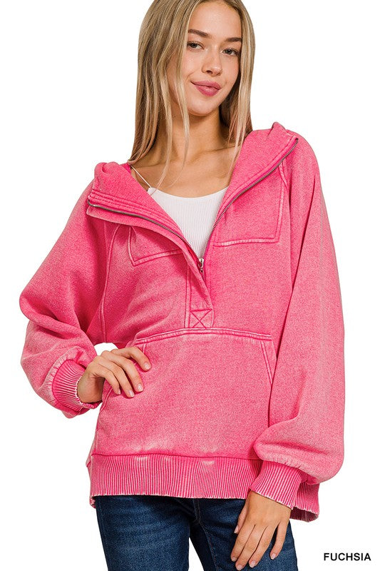 Amy ACID WASH FLEECE OVERSIZED 1/4 ZIP KANGAROO HOODIE FUCHSIA
