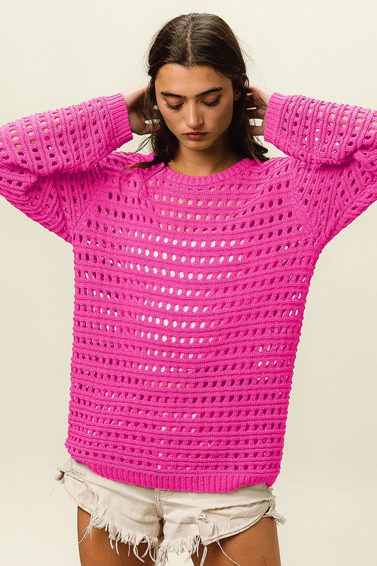 ROUND NECK OPEN KNIT SWEATER TOP