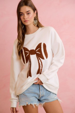 Gameday Theme Ribbon Football Patched Top Long Sleeve