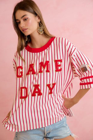 Gameday Theme Stripe Knit Top With Sleeve Patched