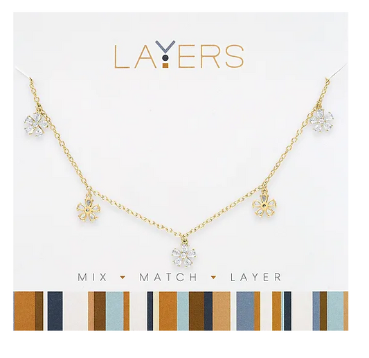 Gold Mini CZ Flower Dangle Layers Necklace