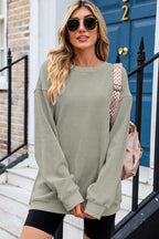 Solid Ribbed Knit Round Neck Pullover Sweatshirt