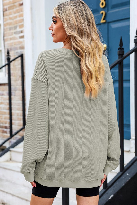 Solid Ribbed Knit Round Neck Pullover Sweatshirt