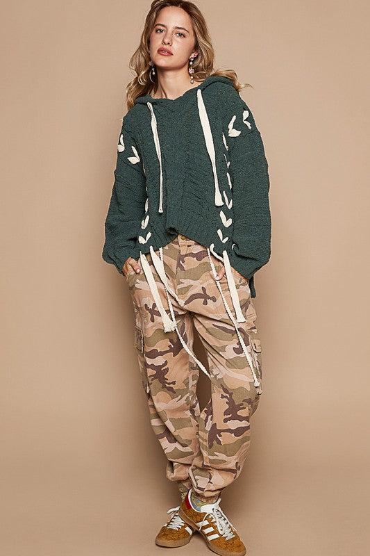 V-neck balloon sleeve tie detail solid Sweater