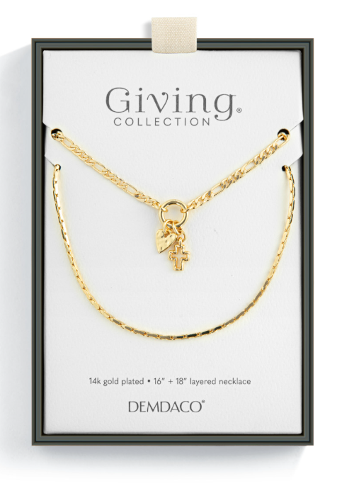 Heart + Cross Gold Charm Layered Necklace - 16in