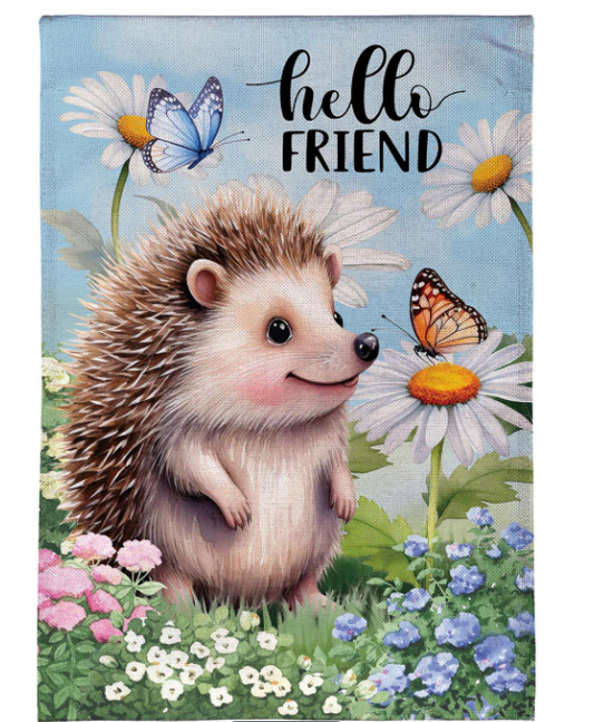 Hedgehog & Daisies Burlap Flag
