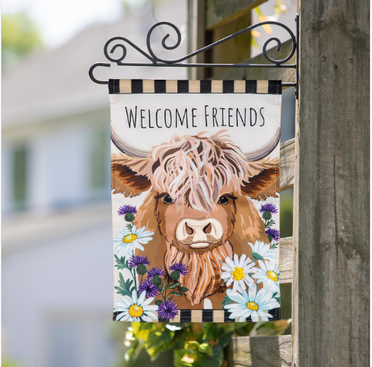 Highland Cow Welcome Friends Applique Flag