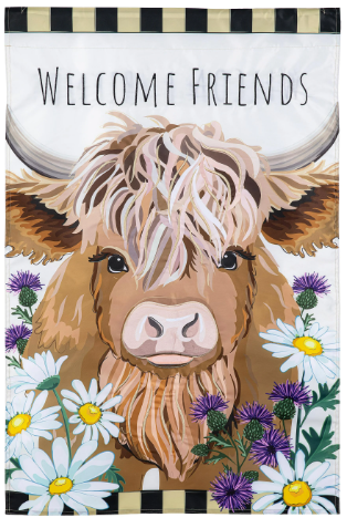 Highland Cow Welcome Friends Applique Flag