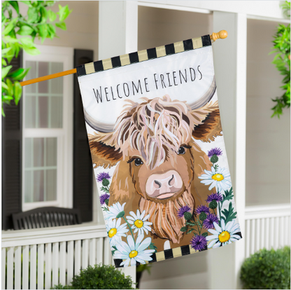 Highland Cow Welcome Friends Applique Flag