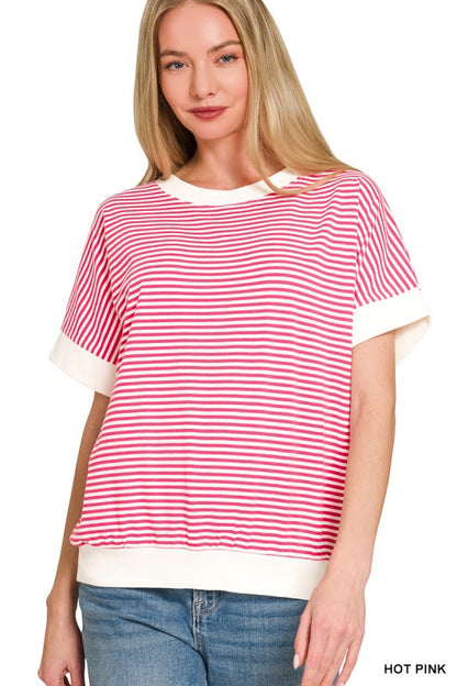 Stripe Contrast Trim Rib Banded Top Shorter Sleeve