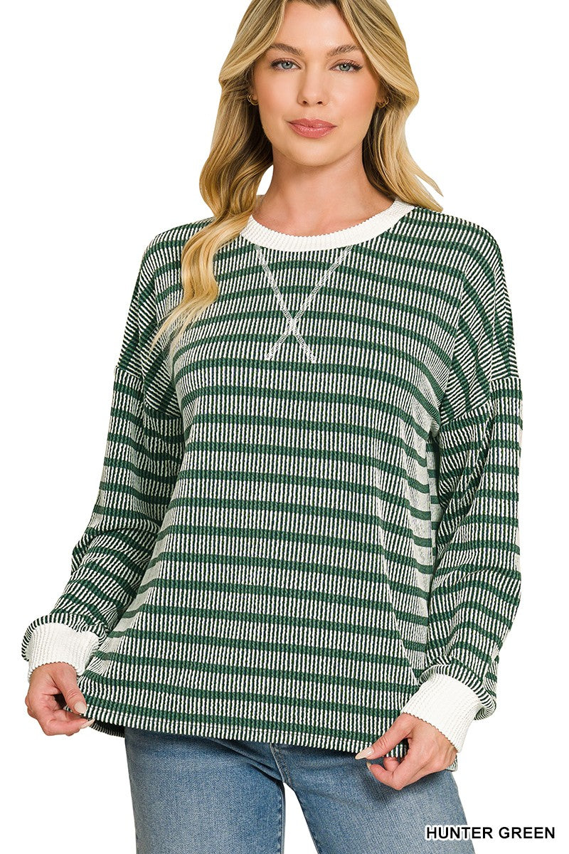 Raised Rib Striped Round Neck Pullover
