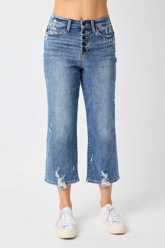 HW Button Fly Wide Leg Crop w/ Destroy
