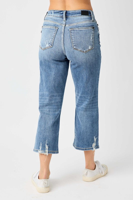 HW Button Fly Wide Leg Crop w/ Destroy