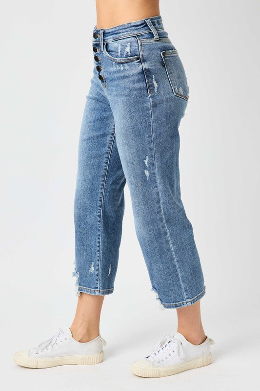 HW Button Fly Wide Leg Crop w/ Destroy