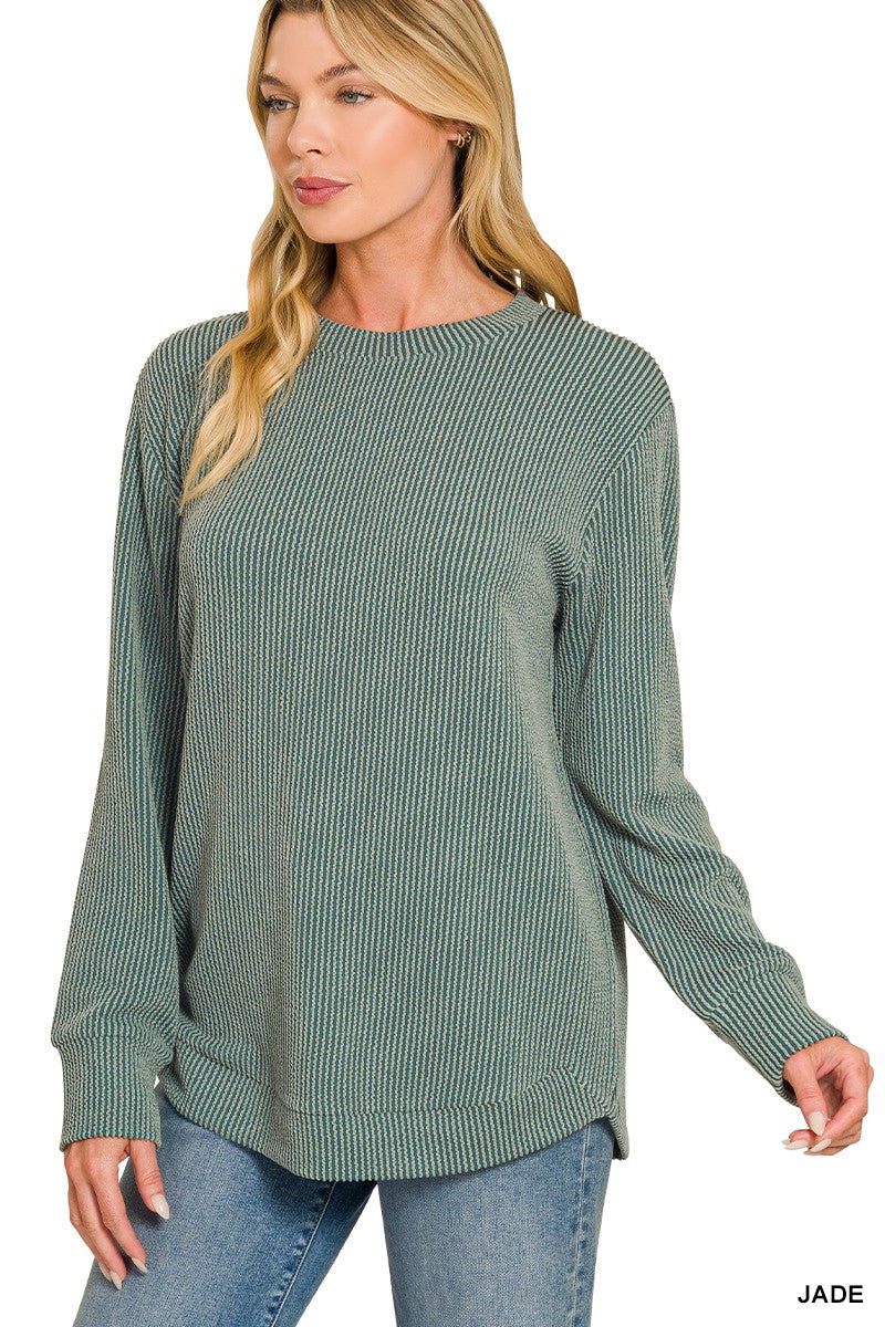 Raised Rib Round Neck Long Sleeve Top
