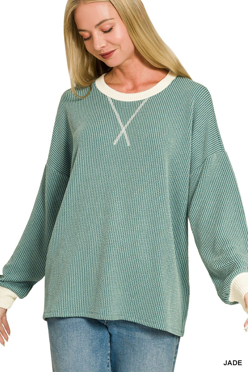 Raised Rib Round Neck Pullover