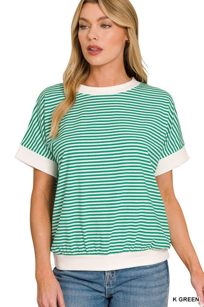 Stripe Contrast Trim Rib Banded Top Shorter Sleeve