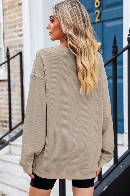 Solid Ribbed Knit Round Neck Pullover Sweatshirt