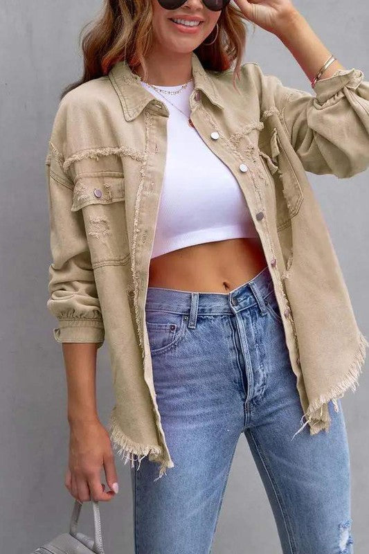 RAW HEM POCKET DESIGN DENIM COAT