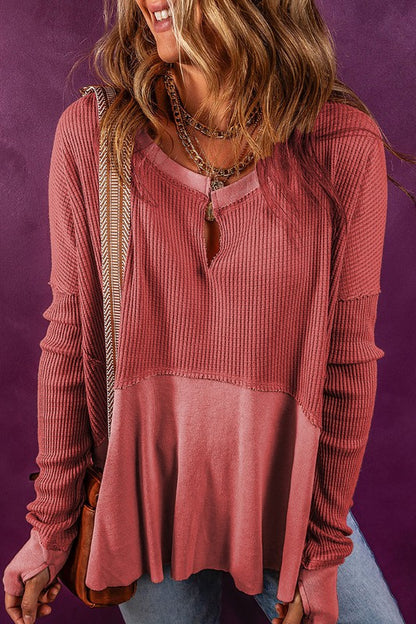 Exposed Seam Slit Neck Waffle Knit Patchwork Top