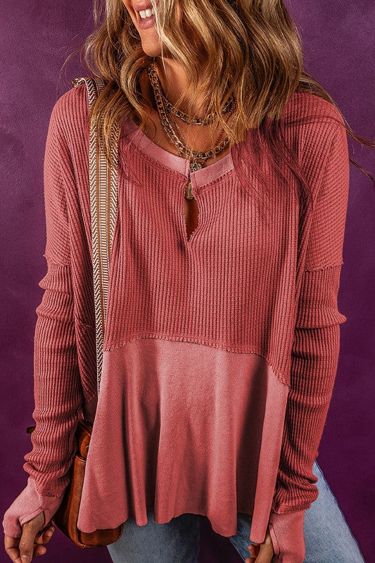 Exposed Seam Slit Neck Waffle Knit Patchwork Top