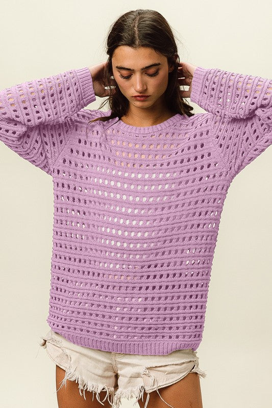 ROUND NECK OPEN KNIT SWEATER TOP