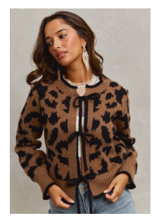 Leopard Open Front Sweater Cardigan Ribbon Tie