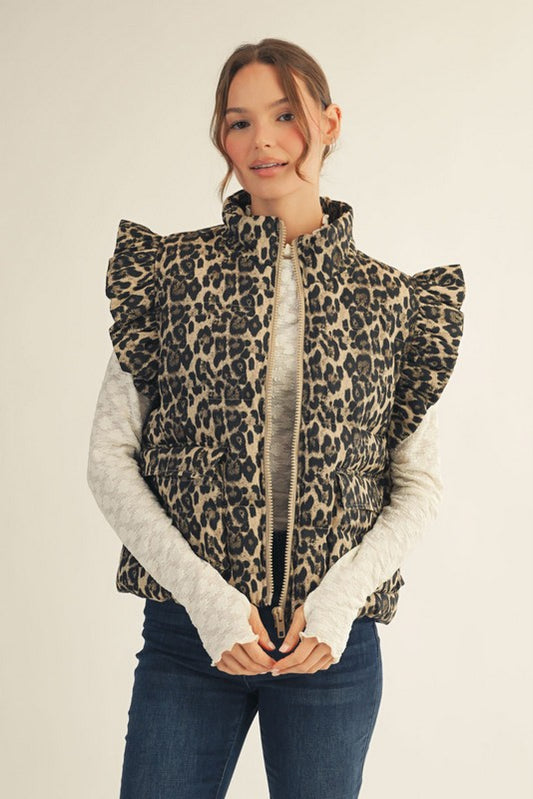 Leopard Puffer Ruffly Shoulders Cropped Vest