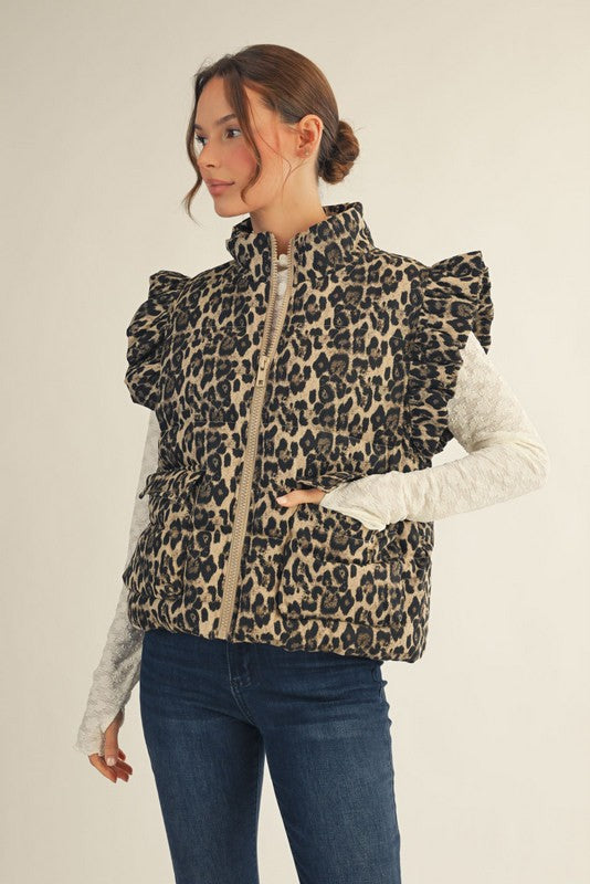 Leopard Puffer Ruffly Shoulders Cropped Vest