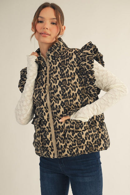 Leopard Puffer Ruffly Shoulders Cropped Vest