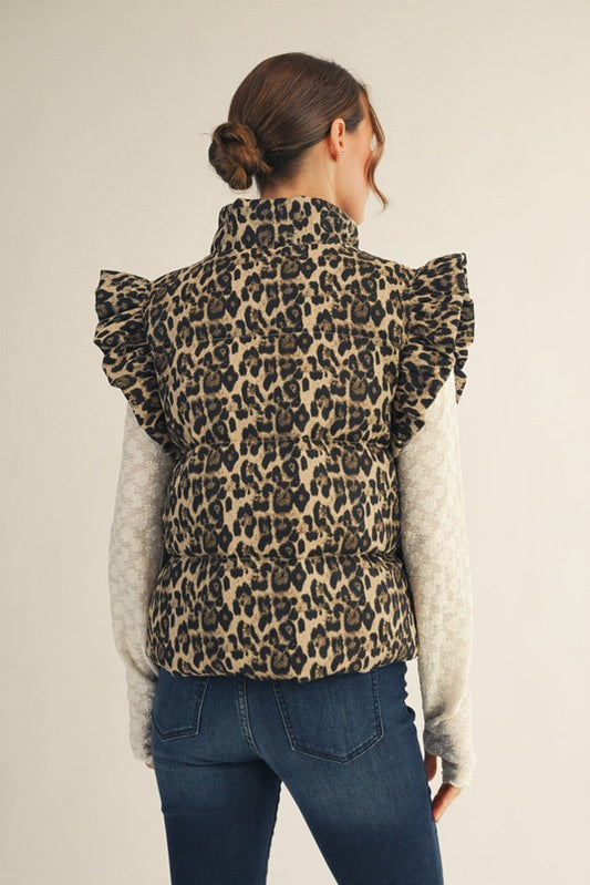 Leopard Puffer Ruffly Shoulders Cropped Vest
