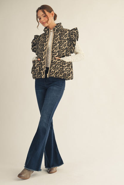 Leopard Puffer Ruffly Shoulders Cropped Vest