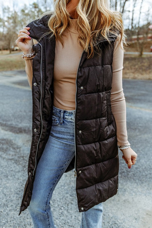 Amy Black Hooded Long Quilted Vest Coat