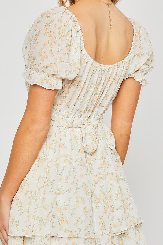 Love Tree Floral Short Sleeve Tied Waist Romper