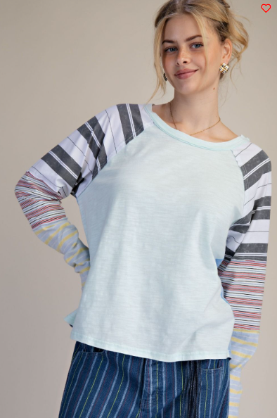 EASEL MIXED STRIPE WASHED COTTON TOP