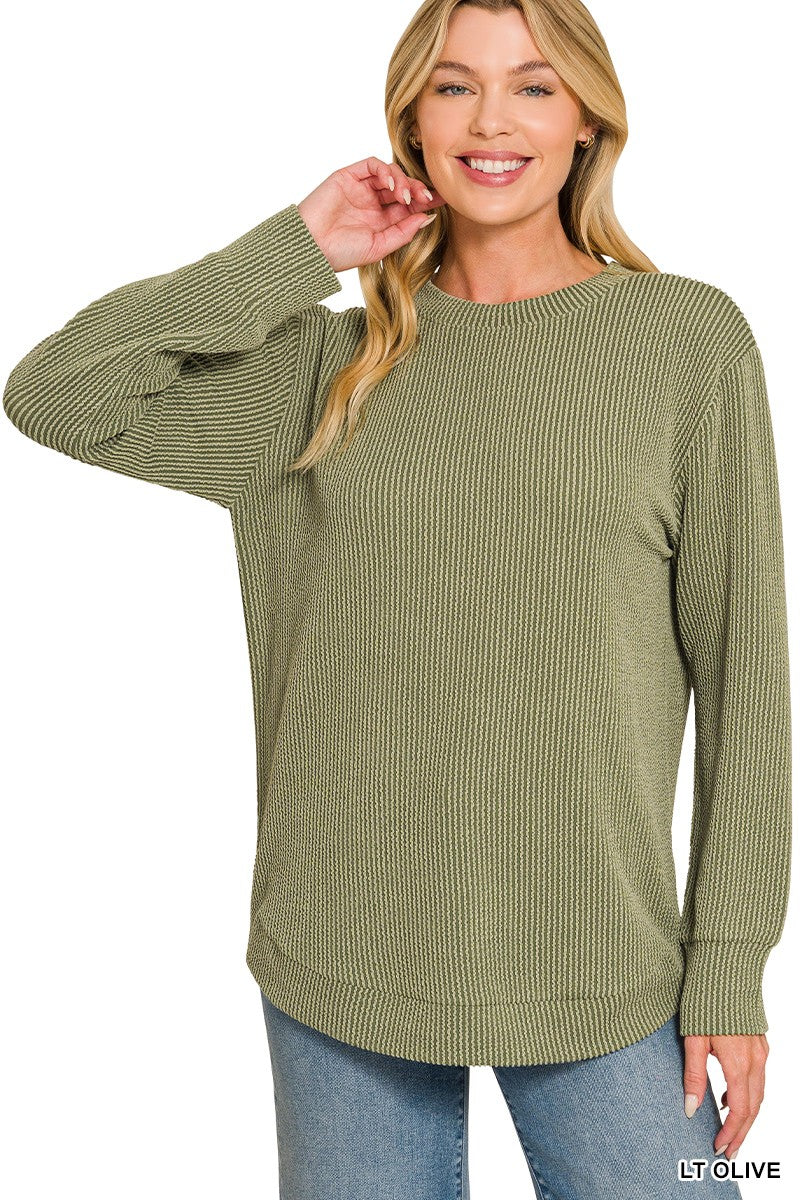 Raised Rib Round Neck Long Sleeve Top