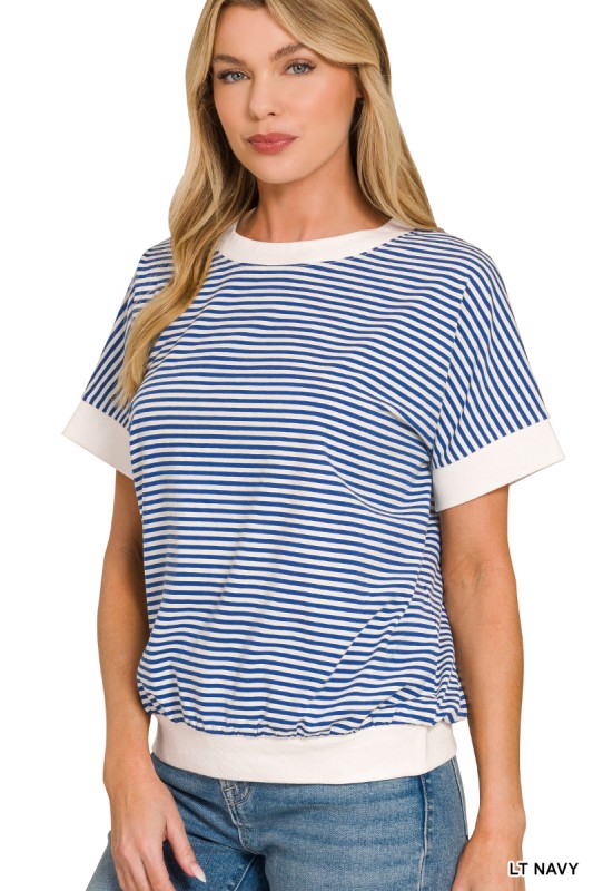 Stripe Contrast Trim Rib Banded Top Shorter Sleeve