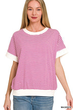Stripe Contrast Trim Rib Banded Top Shorter Sleeve