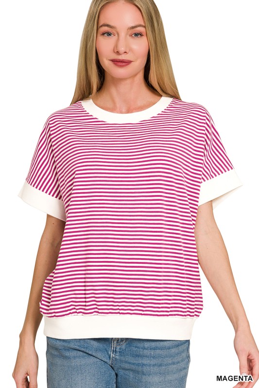 Stripe Contrast Trim Rib Banded Top Shorter Sleeve