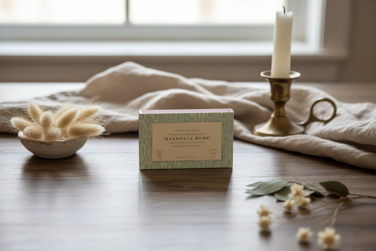 Rectangular box with 'Magnolia Home' branding on a wooden surface