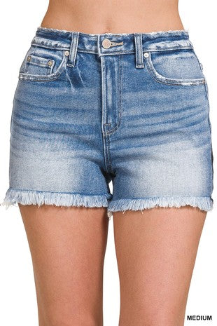 ZENANA MID RISE RAW FRAYED HEM DENIM SHORTS