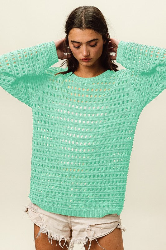 ROUND NECK OPEN KNIT SWEATER TOP