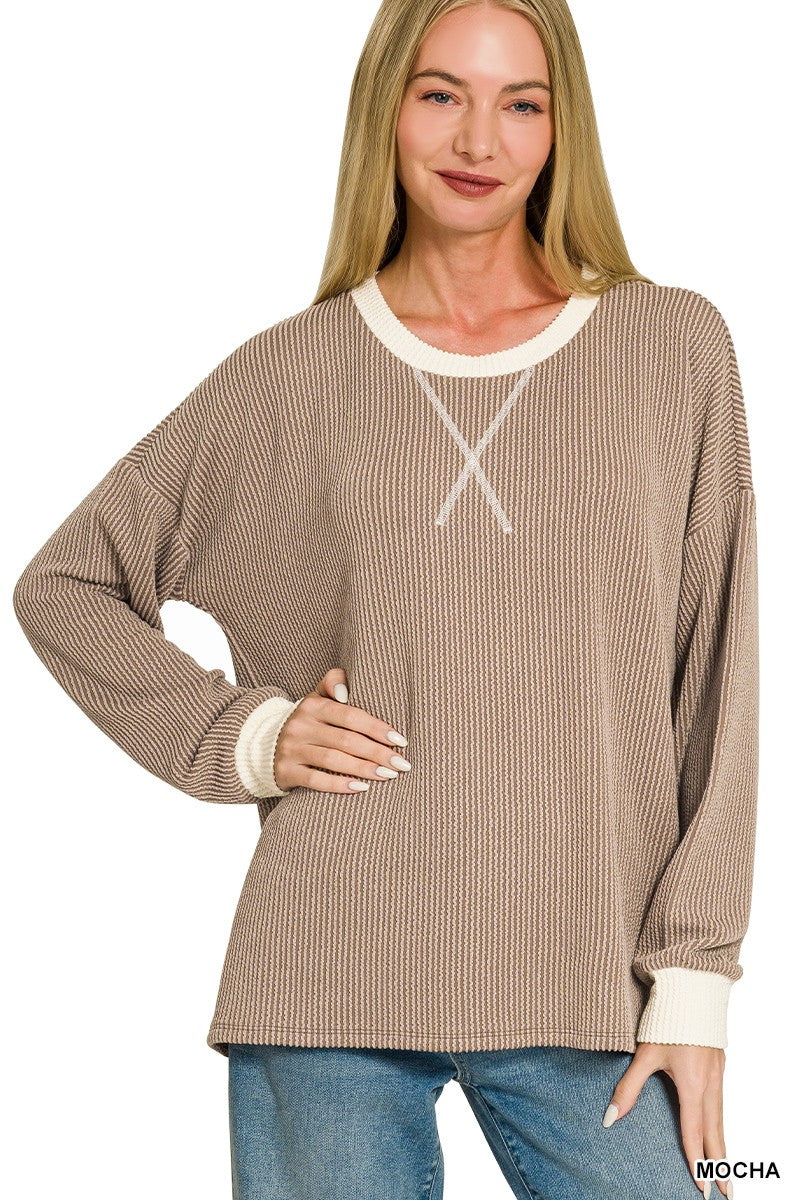 Raised Rib Round Neck Pullover