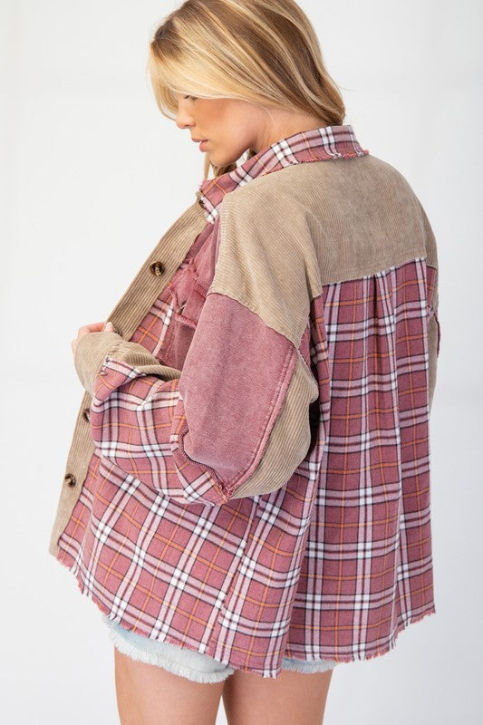 PLAID MIX CORDUROY BUTTON DOWN SHACKET