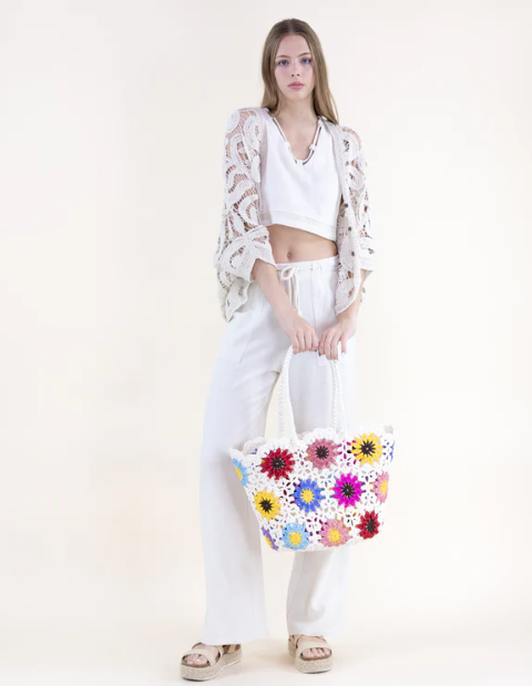 Hand Knitted Crochet Daisy Tote Bag Multi Color