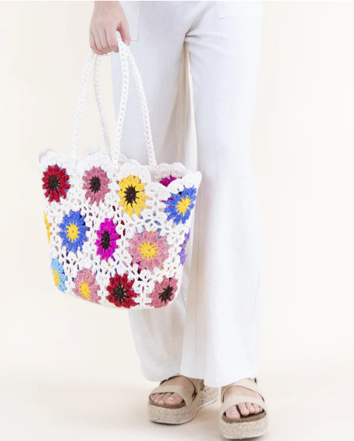 Hand Knitted Crochet Daisy Tote Bag Multi Color
